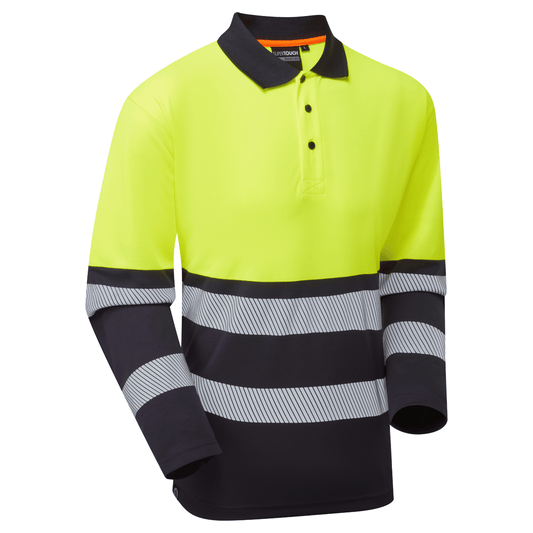 Supertouch Blue Sphere Essentials Hi-Vis Eco Yellow/Navy CoolAir Long Sleeve Polo Yellow/Navy